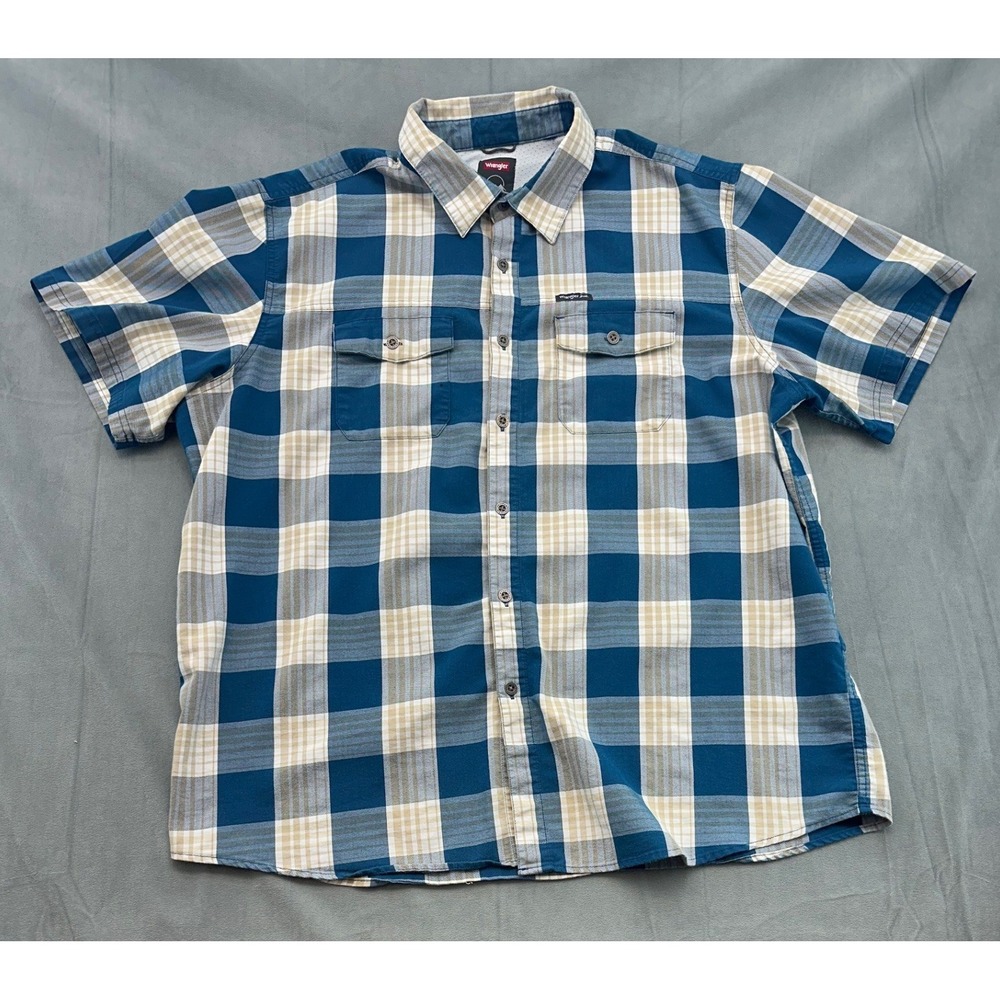 Wrangler Mens Blue Tan Plaid Short Sleeve Button Down Shirt 2XL 112316653